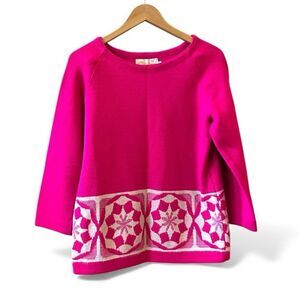 Catalina Jacquard 60’s Sweater Sz 38/M Pink White Geometric Design 3/4 Sleeves